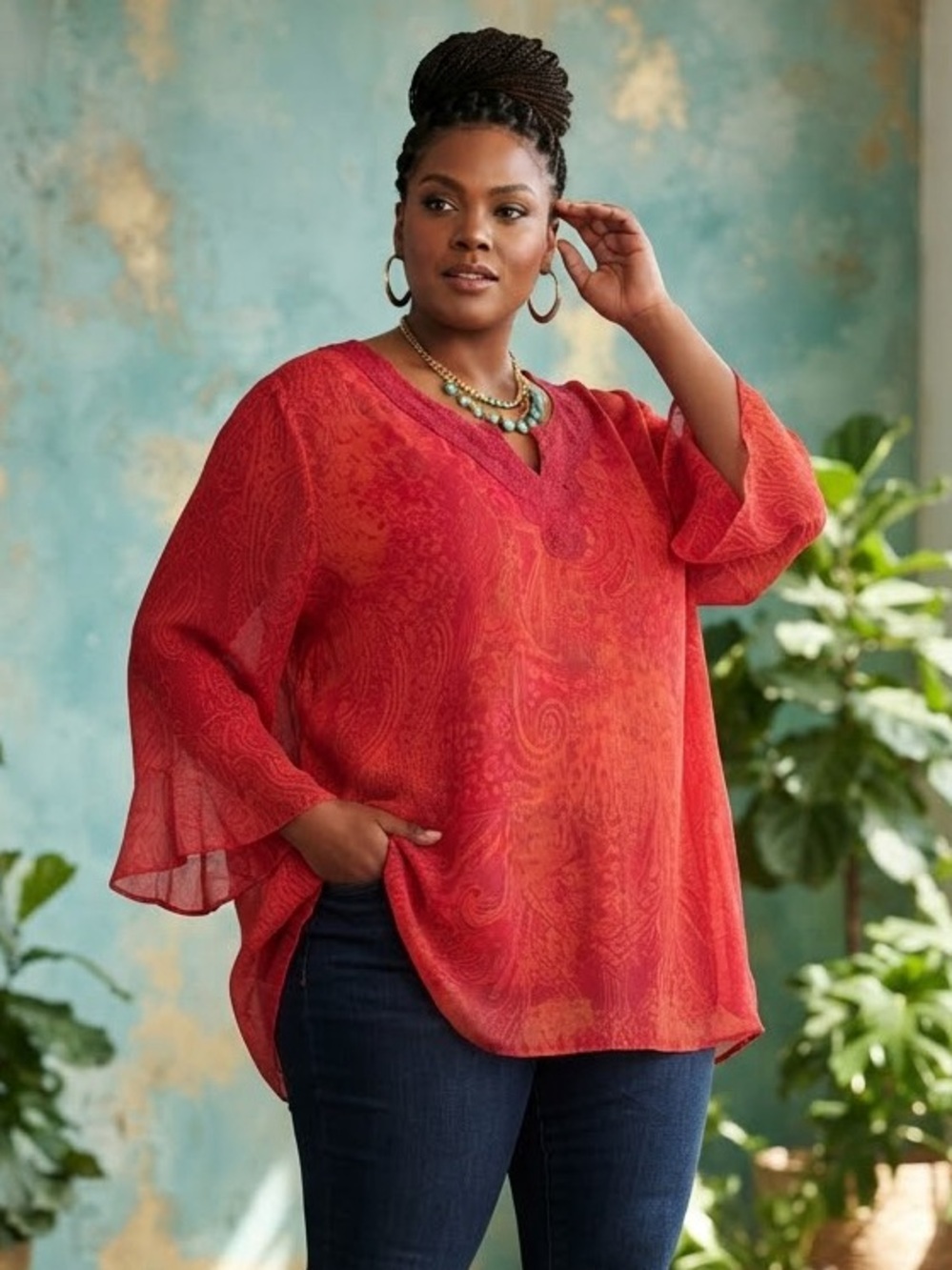 Catherines pink and orange V-Neck Paisley Tunic Blouse